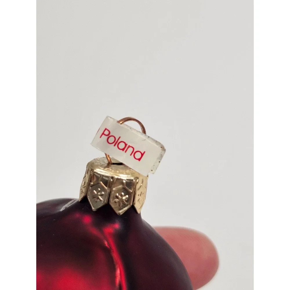 Poland Glass Rose Bud Christmas Ornament Burgundy Red Silver Glitter Floral 2in